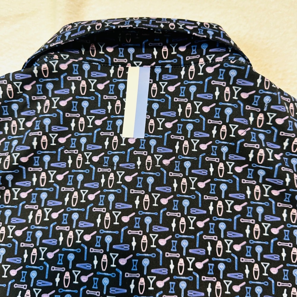 Rhoback Mens Performance Polo Shirt M Black Neon Bar Cocktail Print Golf Top - Picture 5 of 7